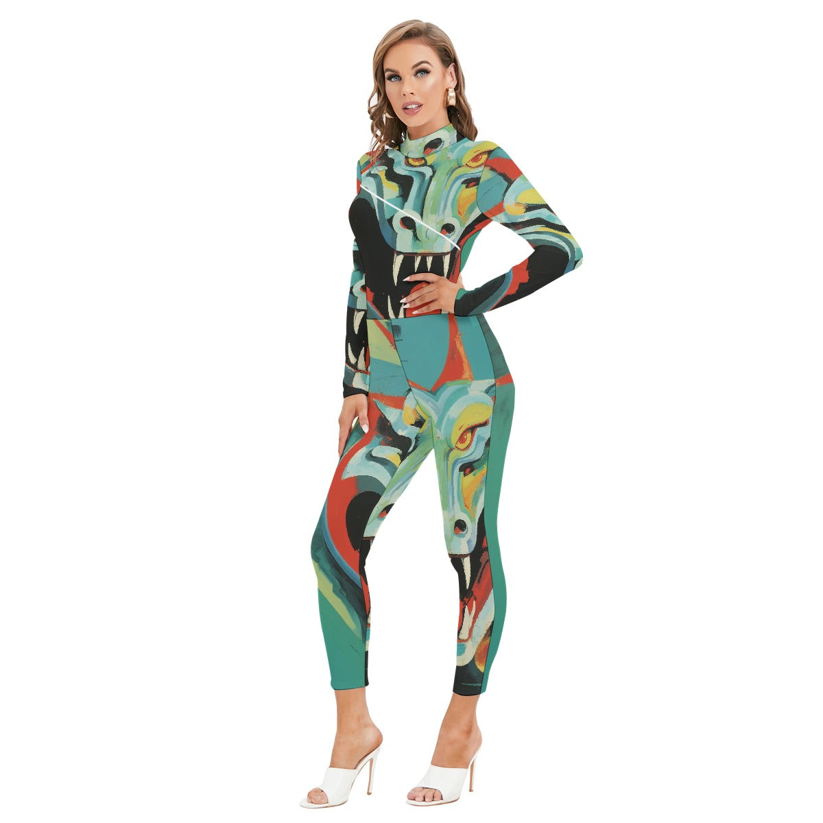 All-Over Print Women's Long-sleeved High-neck Jumpsuit With Zipper