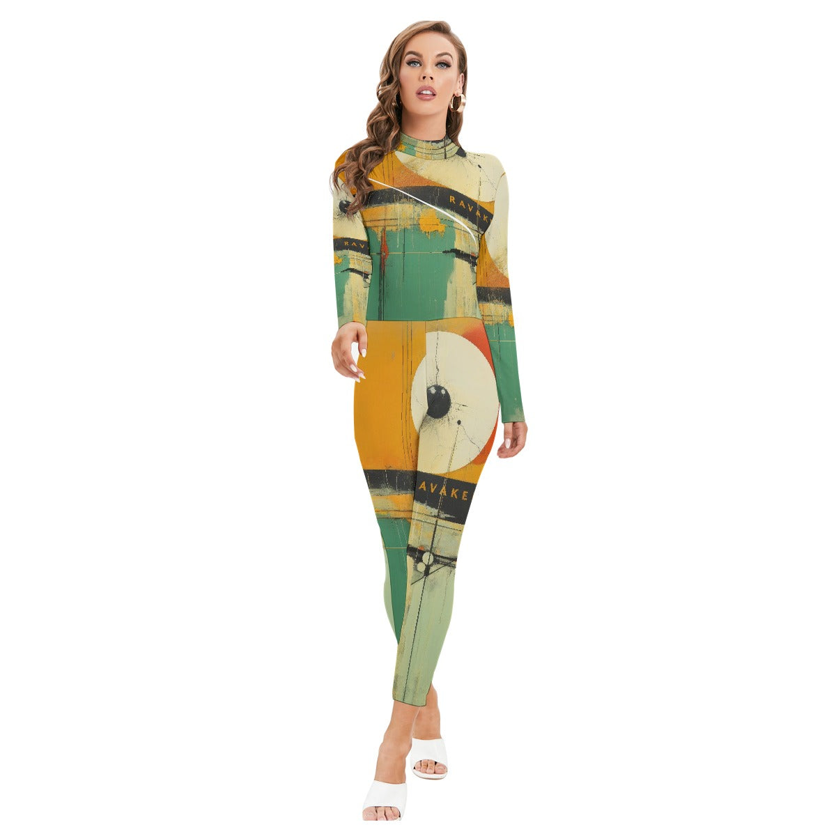 All-Over Print Women's Long-sleeved High-neck Jumpsuit With Zipper