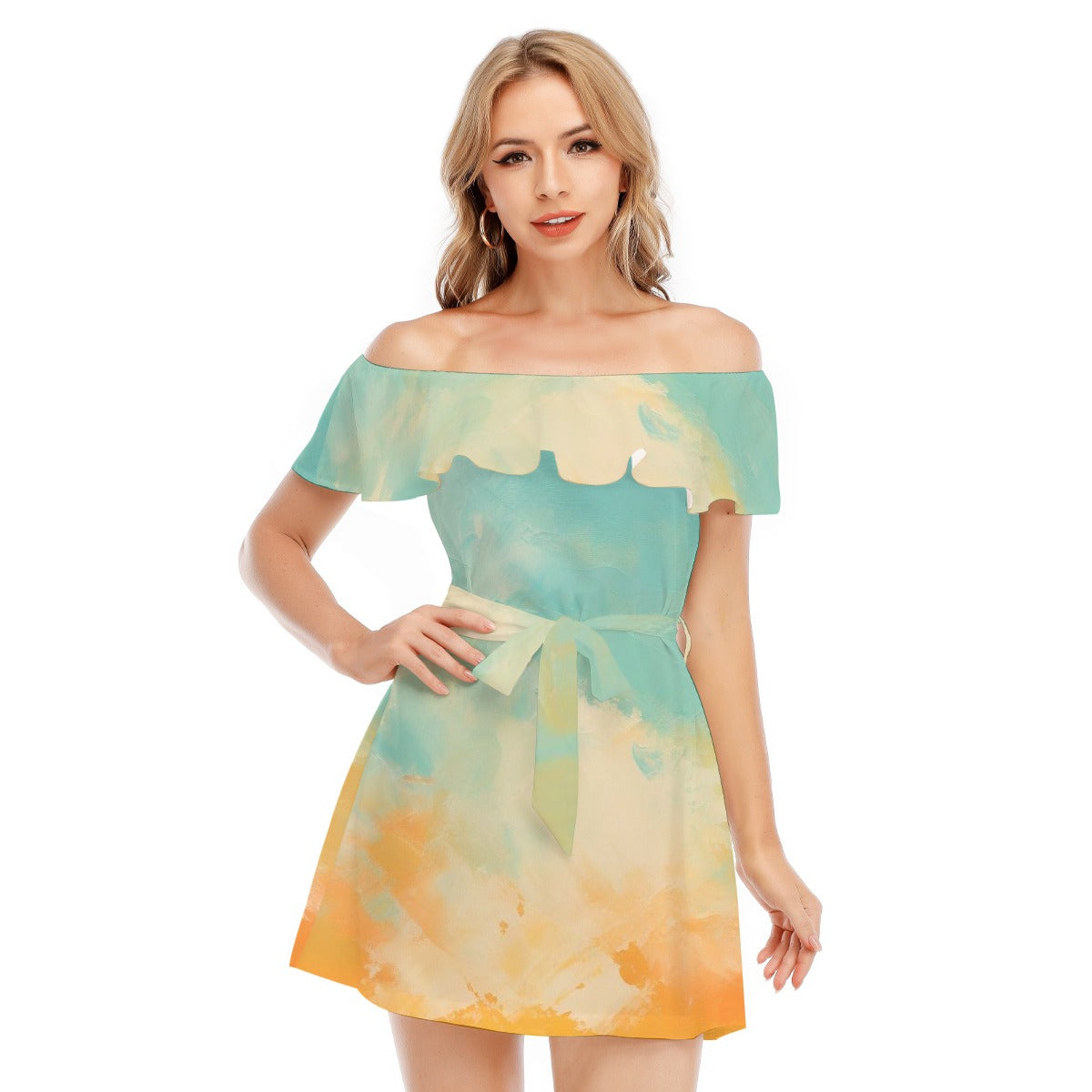 All-Over Print Women's Off-shoulder Dress With Ruffle