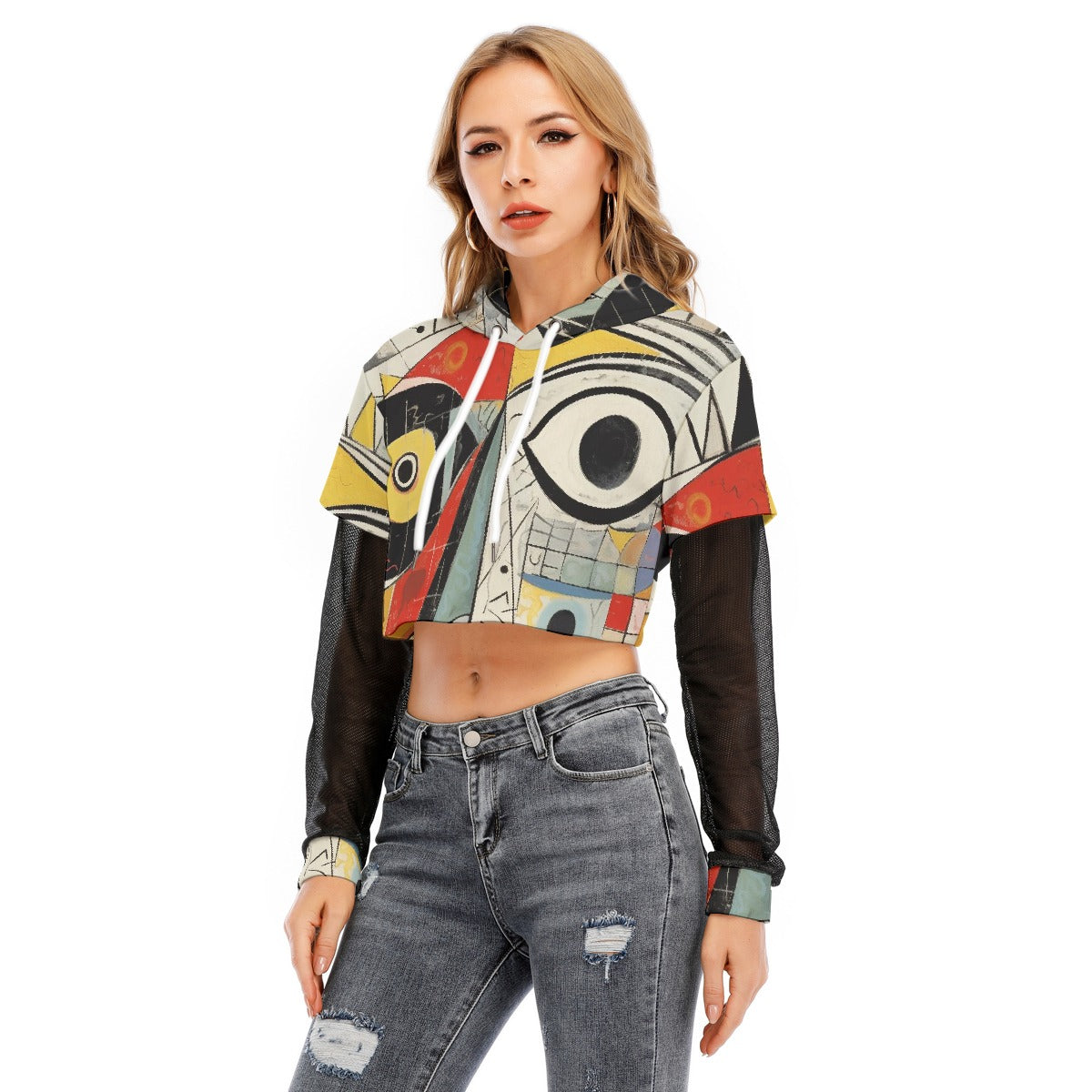 All-Over Print Women's Fake Two-piece Mesh Sleeve Cropped Hoodie