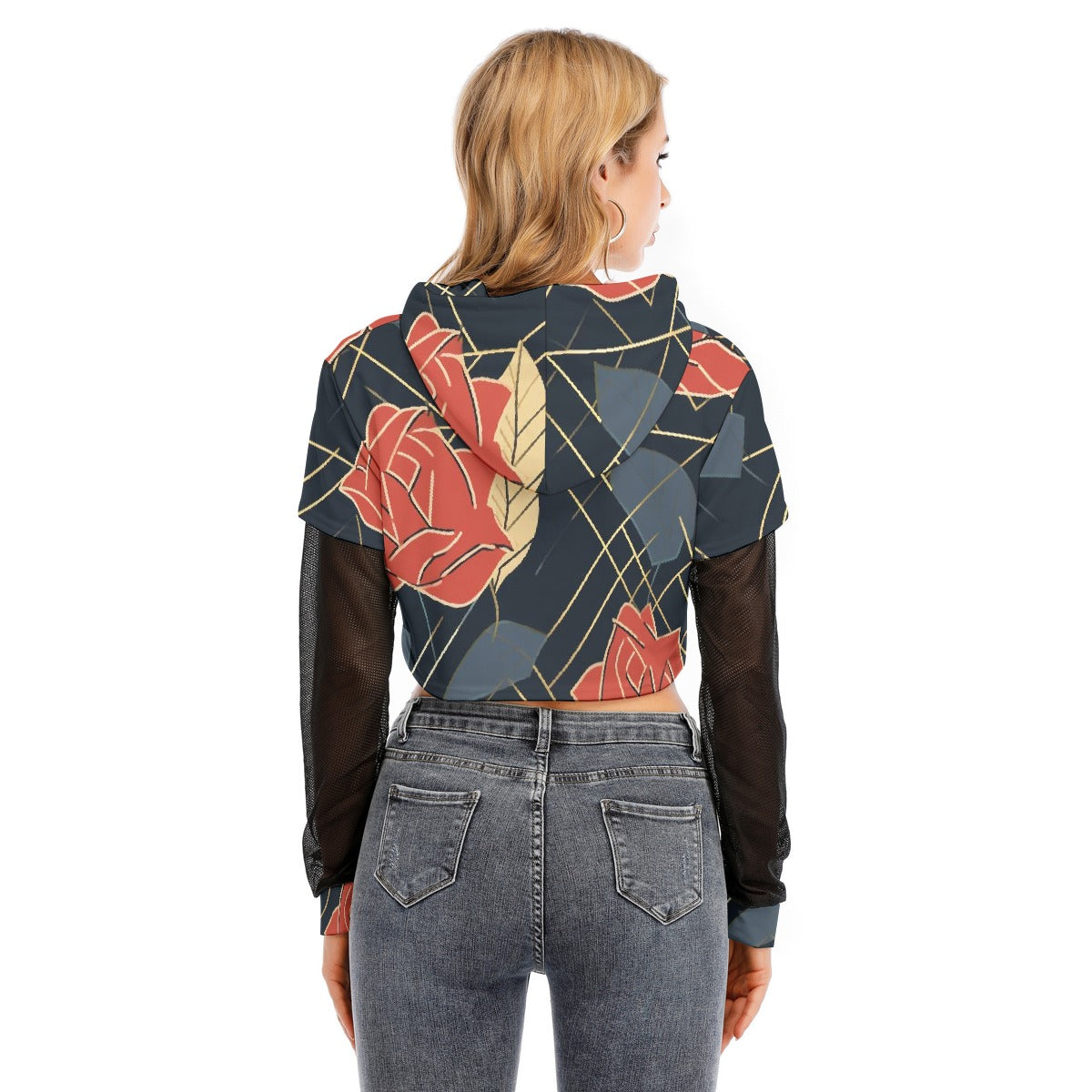 All-Over Print Women's Fake Two-piece Mesh Sleeve Cropped Hoodie
