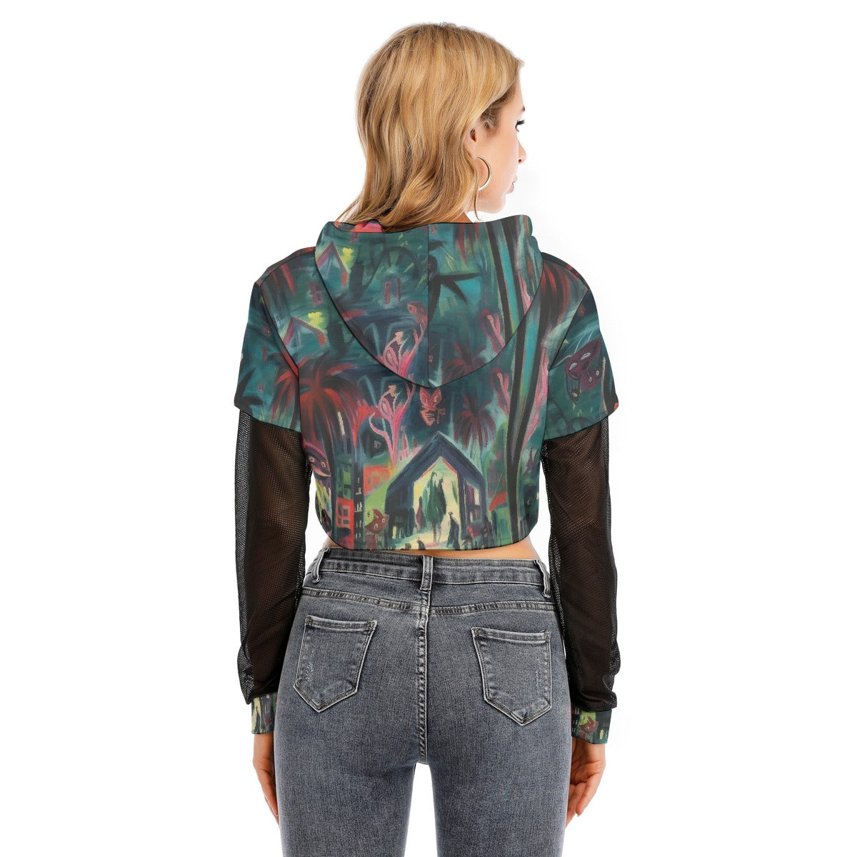 All-Over Print Women's Fake Two-piece Mesh Sleeve Cropped Hoodie