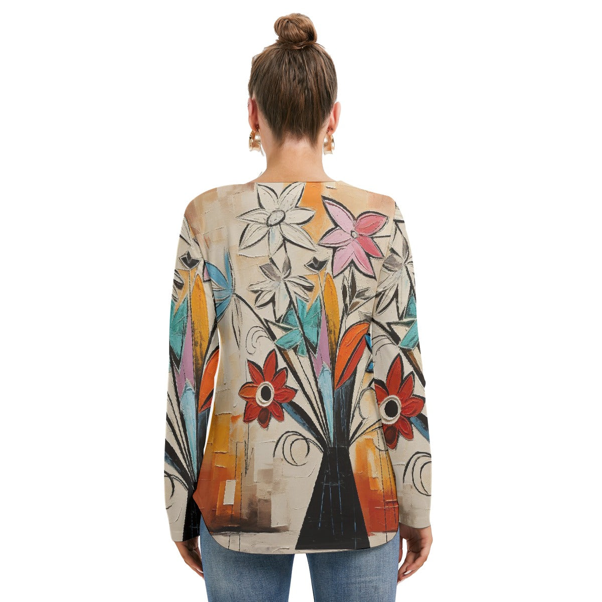 All-Over Print Women's Long Sleeve Neckline Tie Sweatshirt