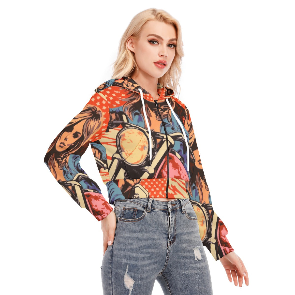 All-Over Print Women's Crop Top Hoodie With Zipper Closure