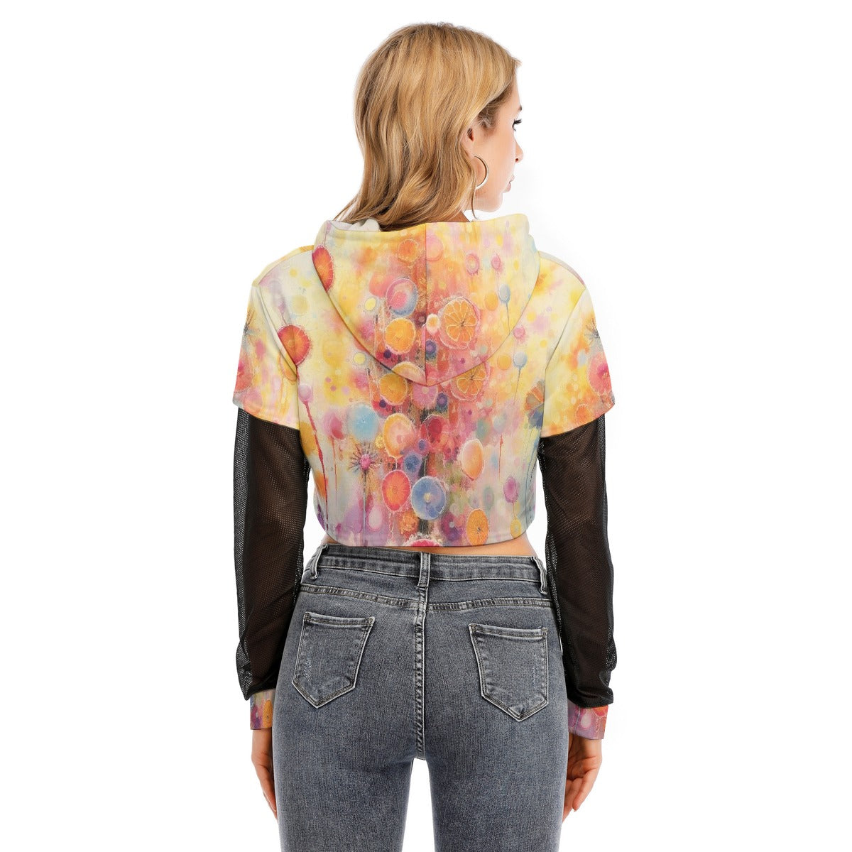 All-Over Print Women's Fake Two-piece Mesh Sleeve Cropped Hoodie