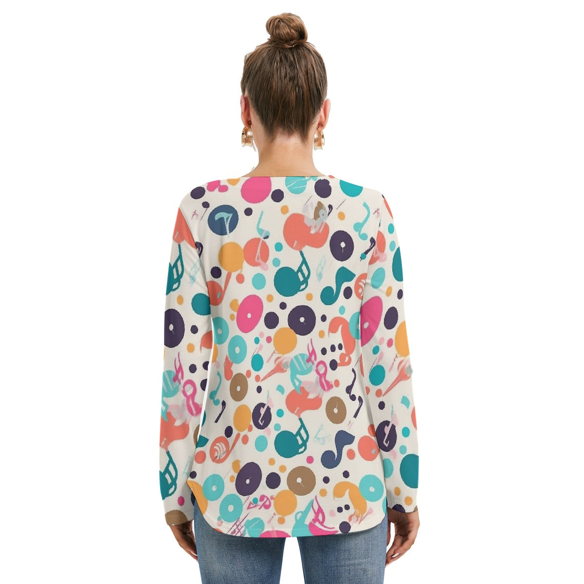 All-Over Print Women's Long Sleeve Neckline Tie Sweatshirt
