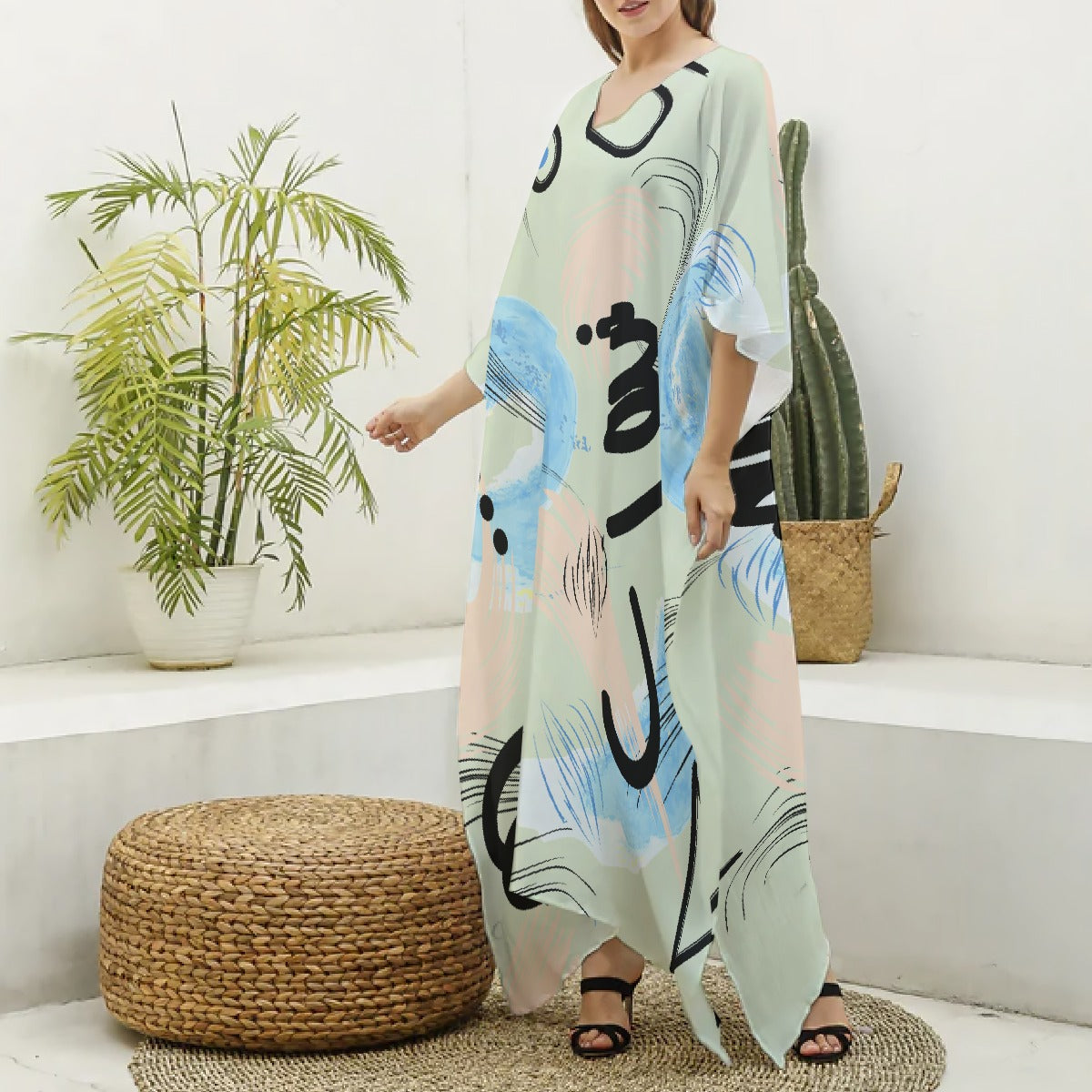 All-Over Print Women's Imitation Silk V-neck Kaftan Robe