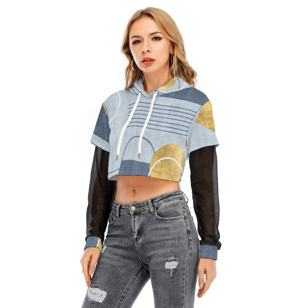 All-Over Print Women's Fake Two-piece Mesh Sleeve Cropped Hoodie