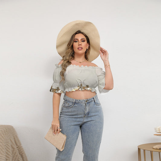 All-Over Print Women's Off-shoulder Cropped Top With Short Puff Sleeve