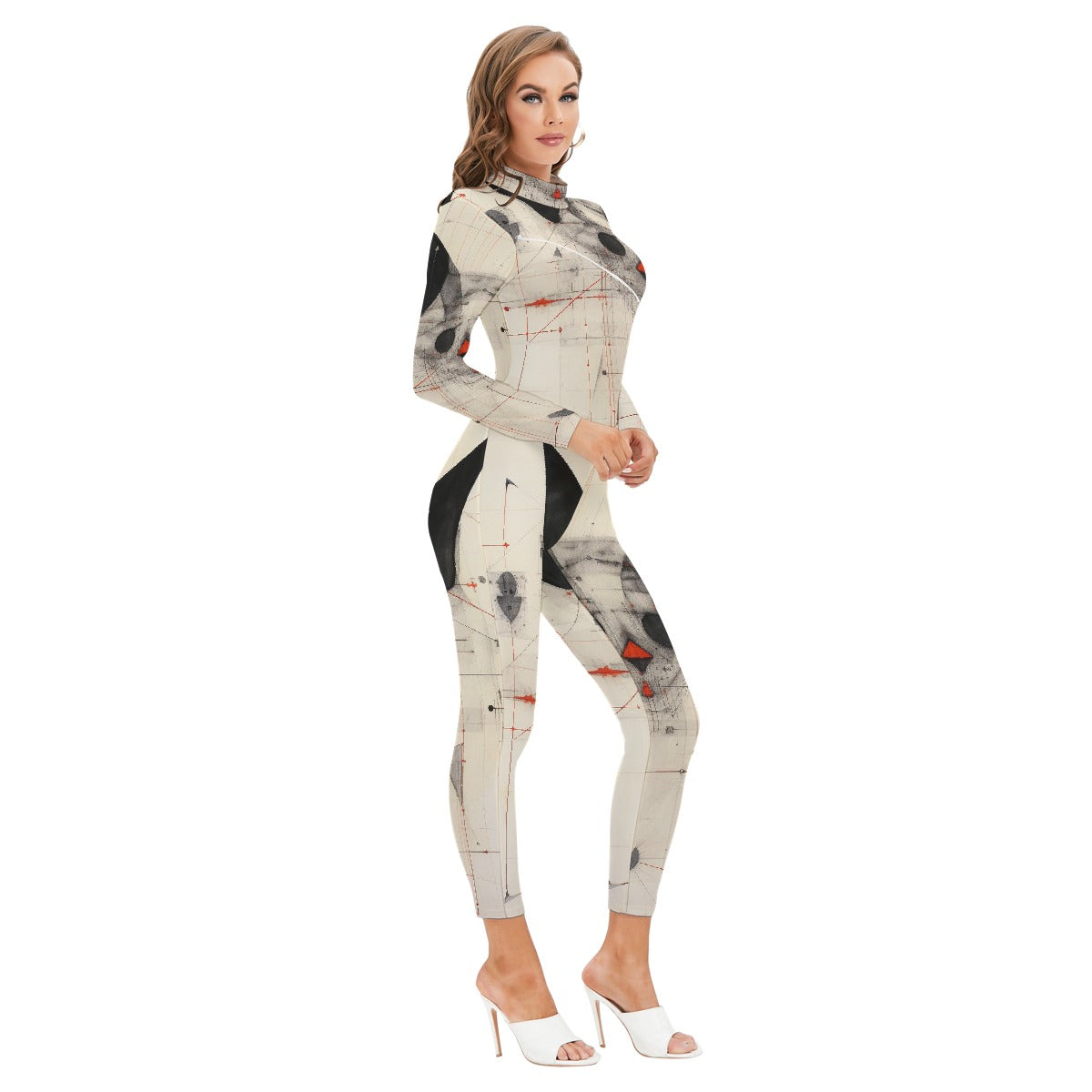 All-Over Print Women's Long-sleeved High-neck Jumpsuit With Zipper