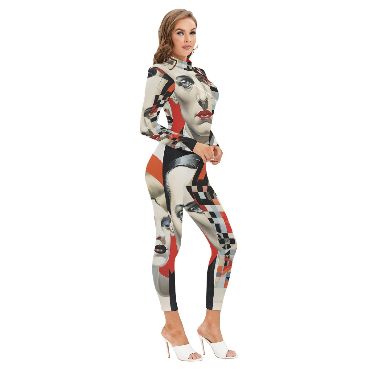 All-Over Print Women's Long-sleeved High-neck Jumpsuit With Zipper