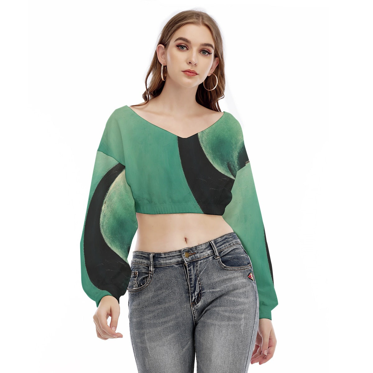 All-Over Print Women's V-neck Long Sleeve Cropped Sweatshirt