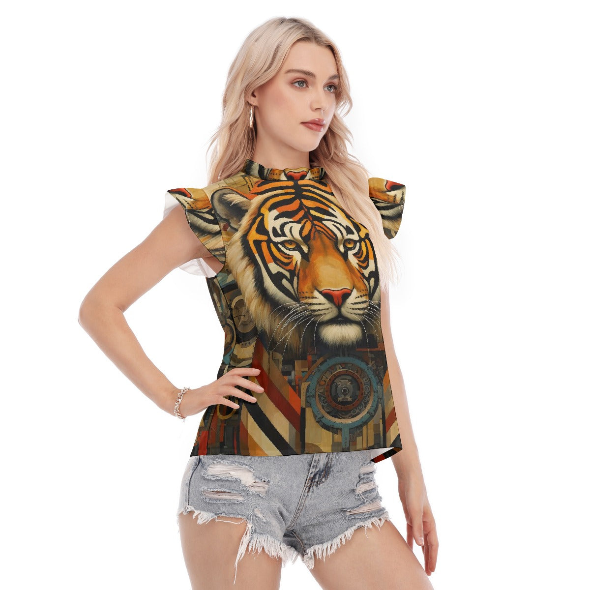 All-Over Print Women's Blouse With Ruffle Collar And Sleeve