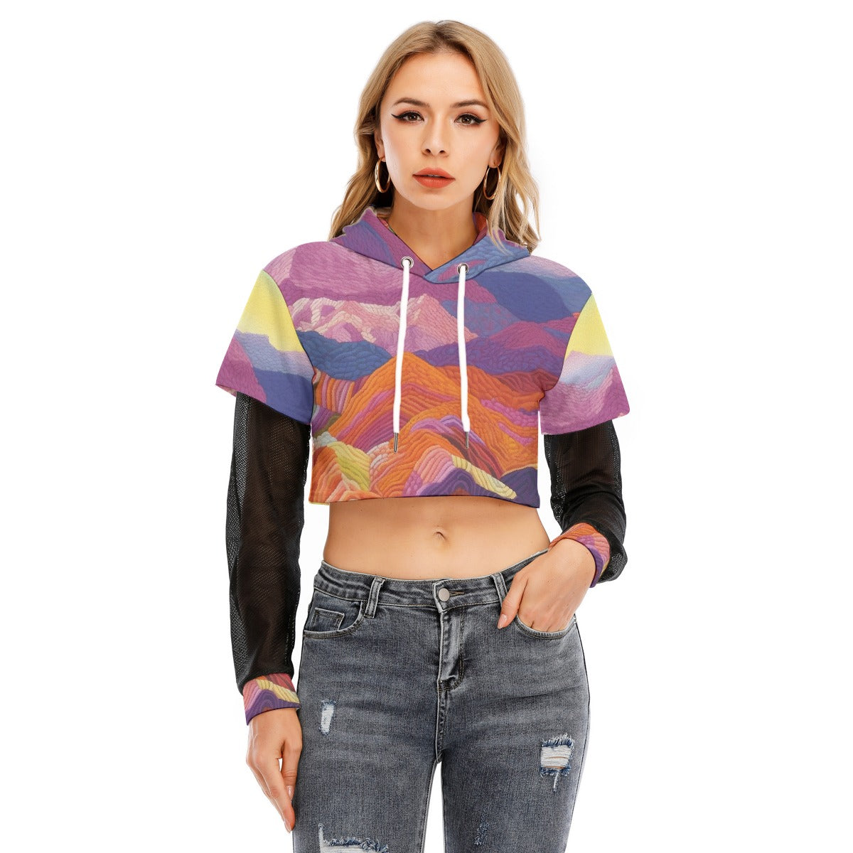 All-Over Print Women's Fake Two-piece Mesh Sleeve Cropped Hoodie