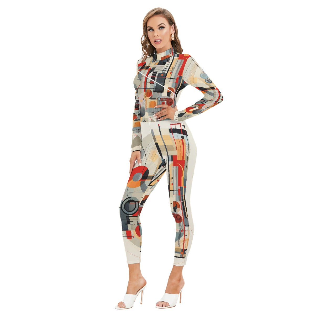 All-Over Print Women's Long-sleeved High-neck Jumpsuit With Zipper