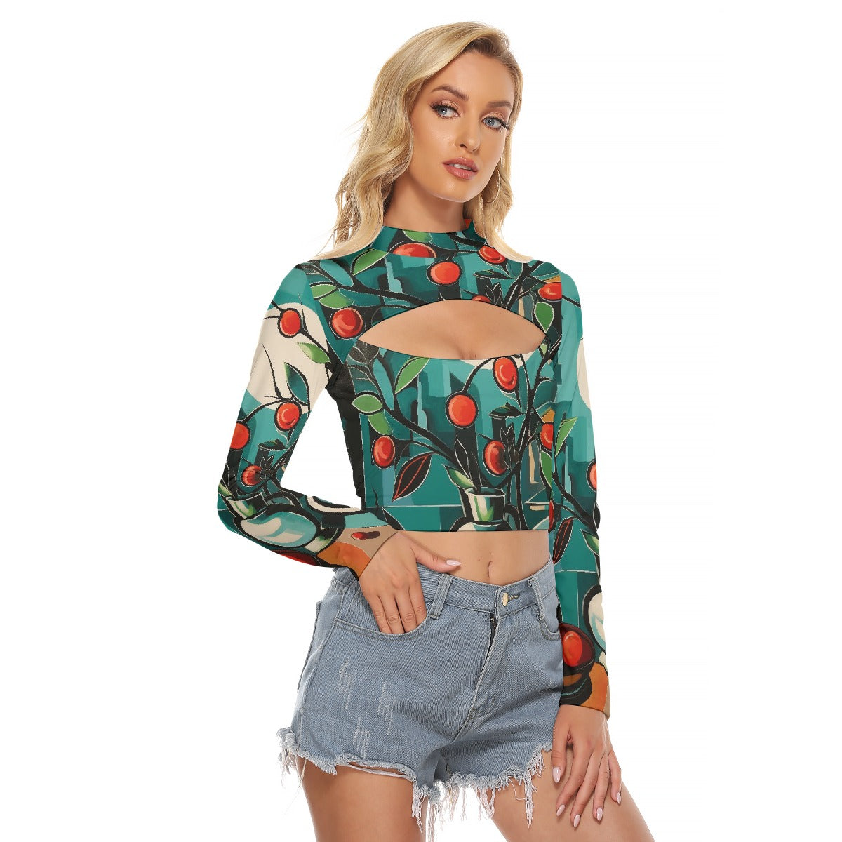 All-Over Print Women's Hollow Chest Keyhole Tight Crop Top