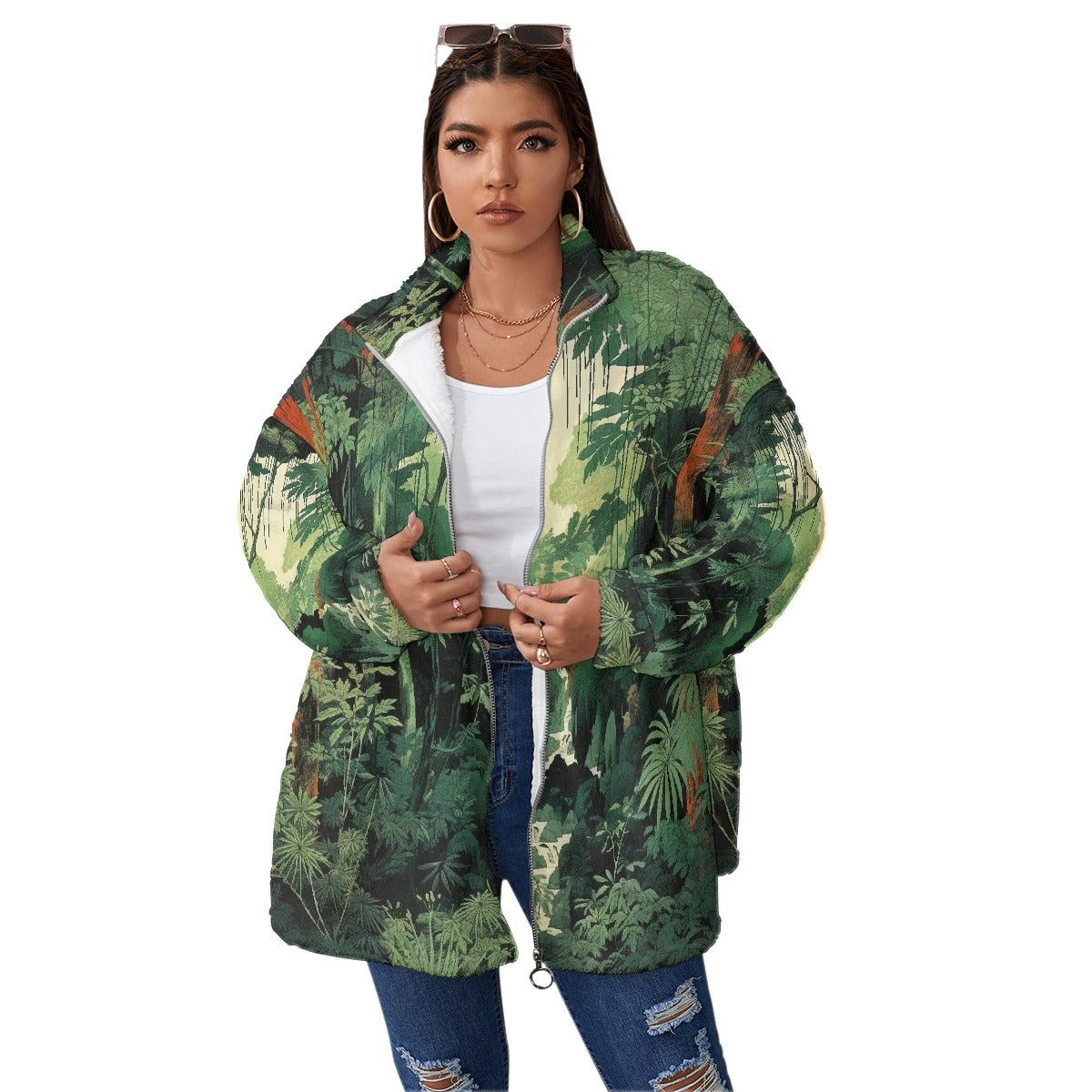 All-Over Print Unisex Borg Fleece Stand-up Collar Coat With Zipper Closure(Plus Size)