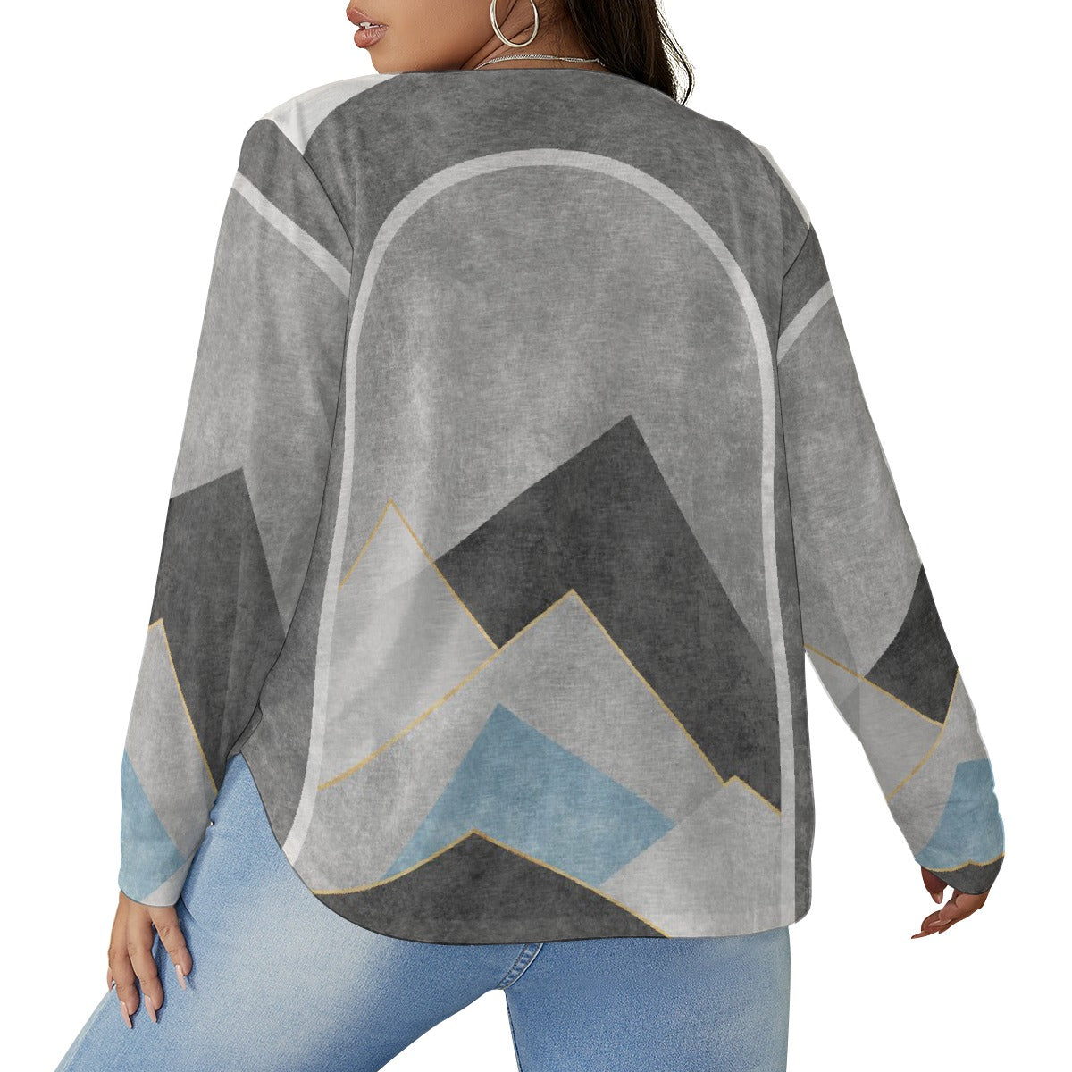 All-Over Print Women's V-neck T-shirt With Curved Hem(Plus Size)