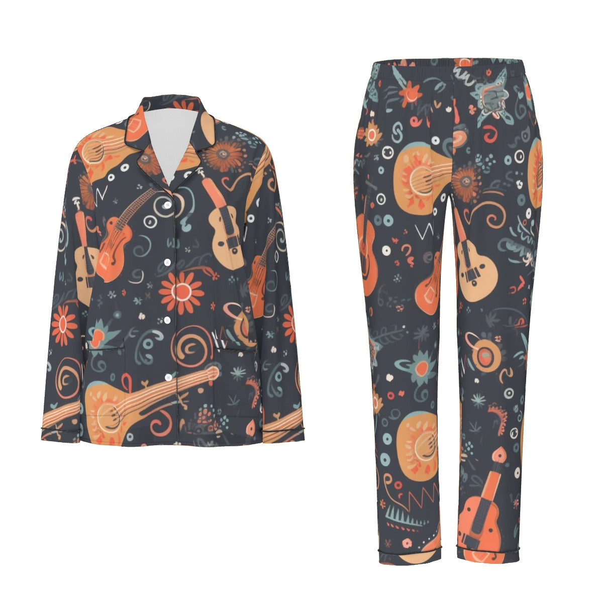 All-Over Print Women's Long Sleeve Pajama Set With Black Contrast Piping