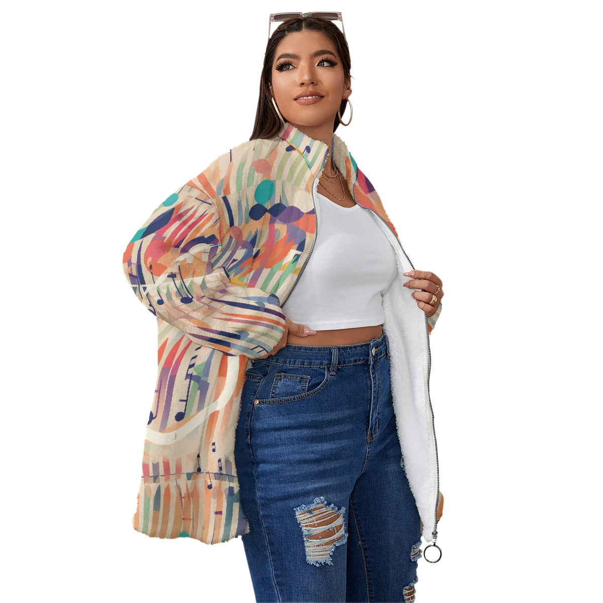 All-Over Print Unisex Borg Fleece Stand-up Collar Coat With Zipper Closure(Plus Size)