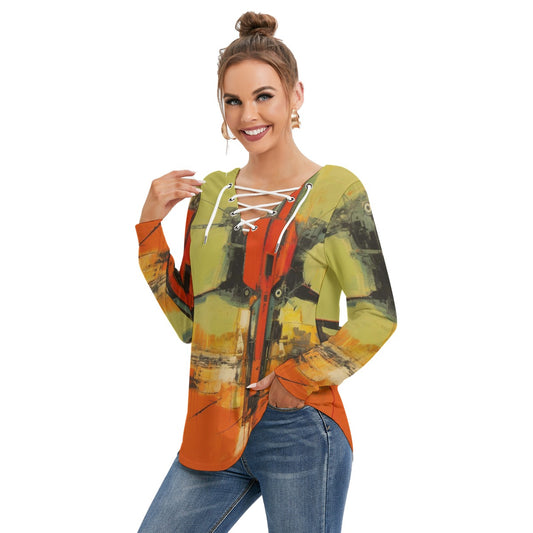 All-Over Print Women's Long Sleeve Neckline Tie Sweatshirt