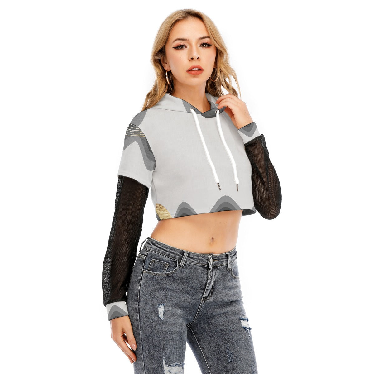 All-Over Print Women's Fake Two-piece Mesh Sleeve Cropped Hoodie
