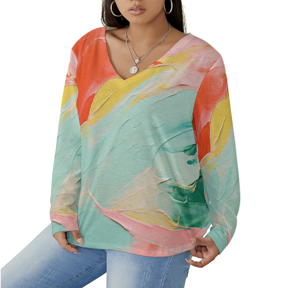 All-Over Print Women's V-neck T-shirt With Curved Hem(Plus Size)