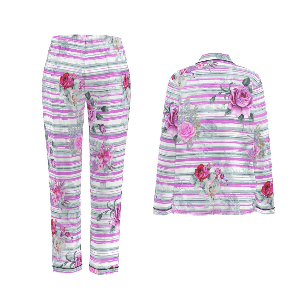 All-Over Print Women's Long Sleeve Pajama Set With Black Contrast Piping
