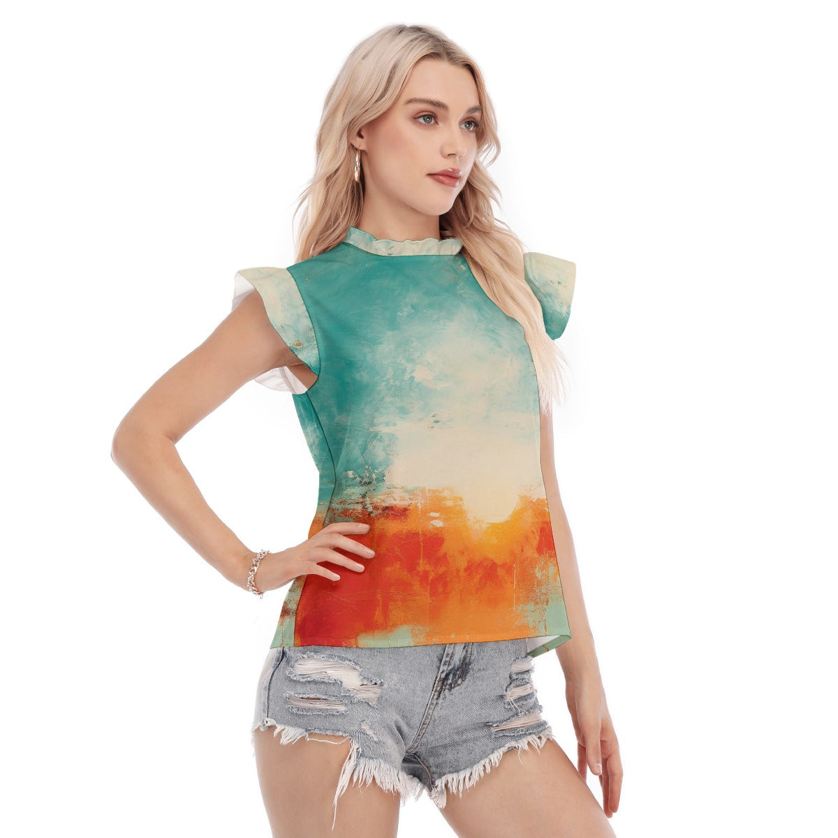 All-Over Print Women's Blouse With Ruffle Collar And Sleeve