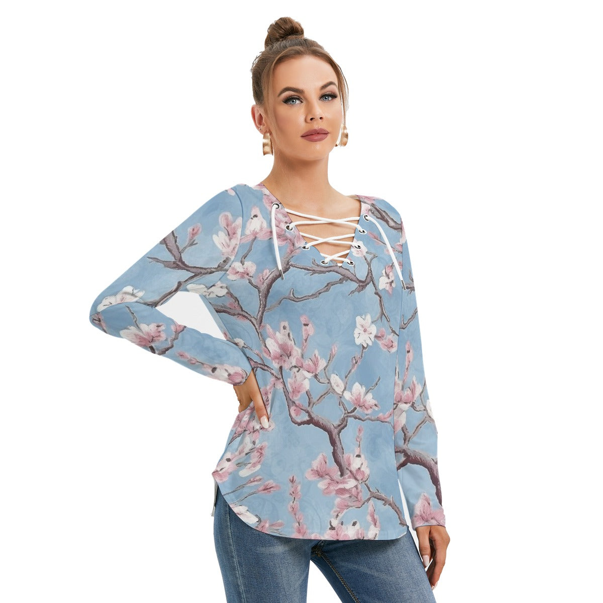 All-Over Print Women's Long Sleeve Neckline Tie Sweatshirt