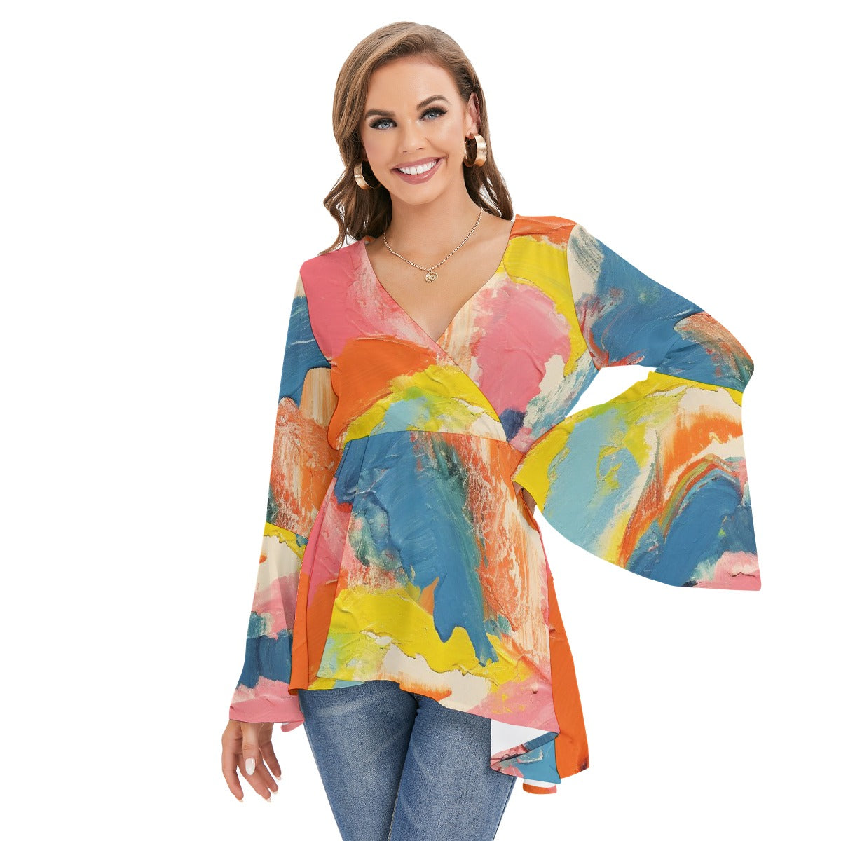 All-Over Print Women's V-neck Blouse With Flared Sleeves