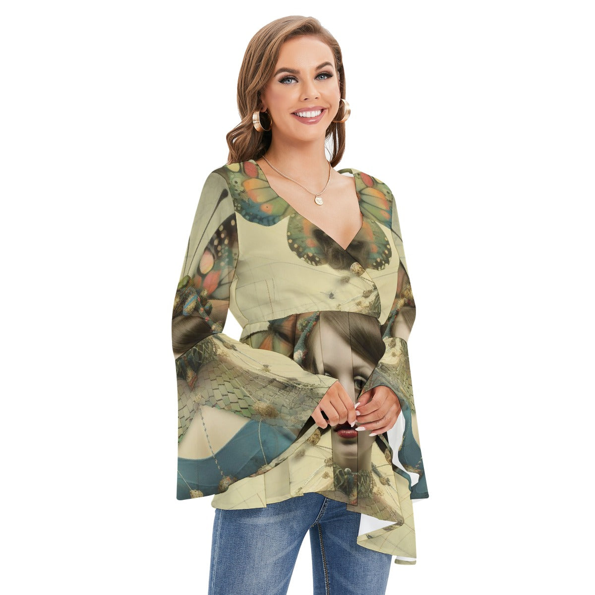 All-Over Print Women's V-neck Blouse With Flared Sleeves