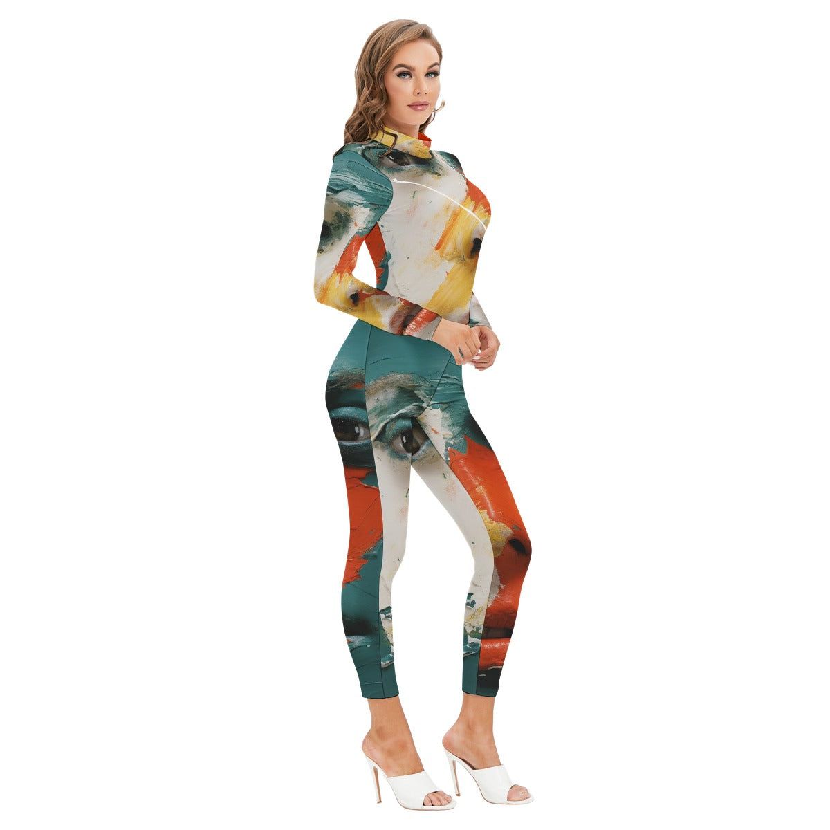 All-Over Print Women's Long-sleeved High-neck Jumpsuit With Zipper