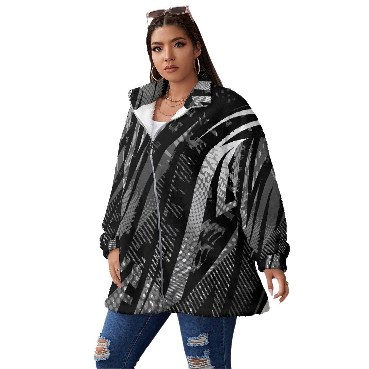All-Over Print Unisex Borg Fleece Stand-up Collar Coat With Zipper Closure(Plus Size)
