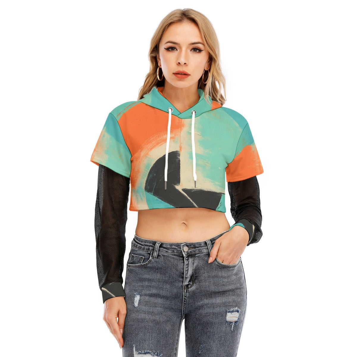 All-Over Print Women's Fake Two-piece Mesh Sleeve Cropped Hoodie