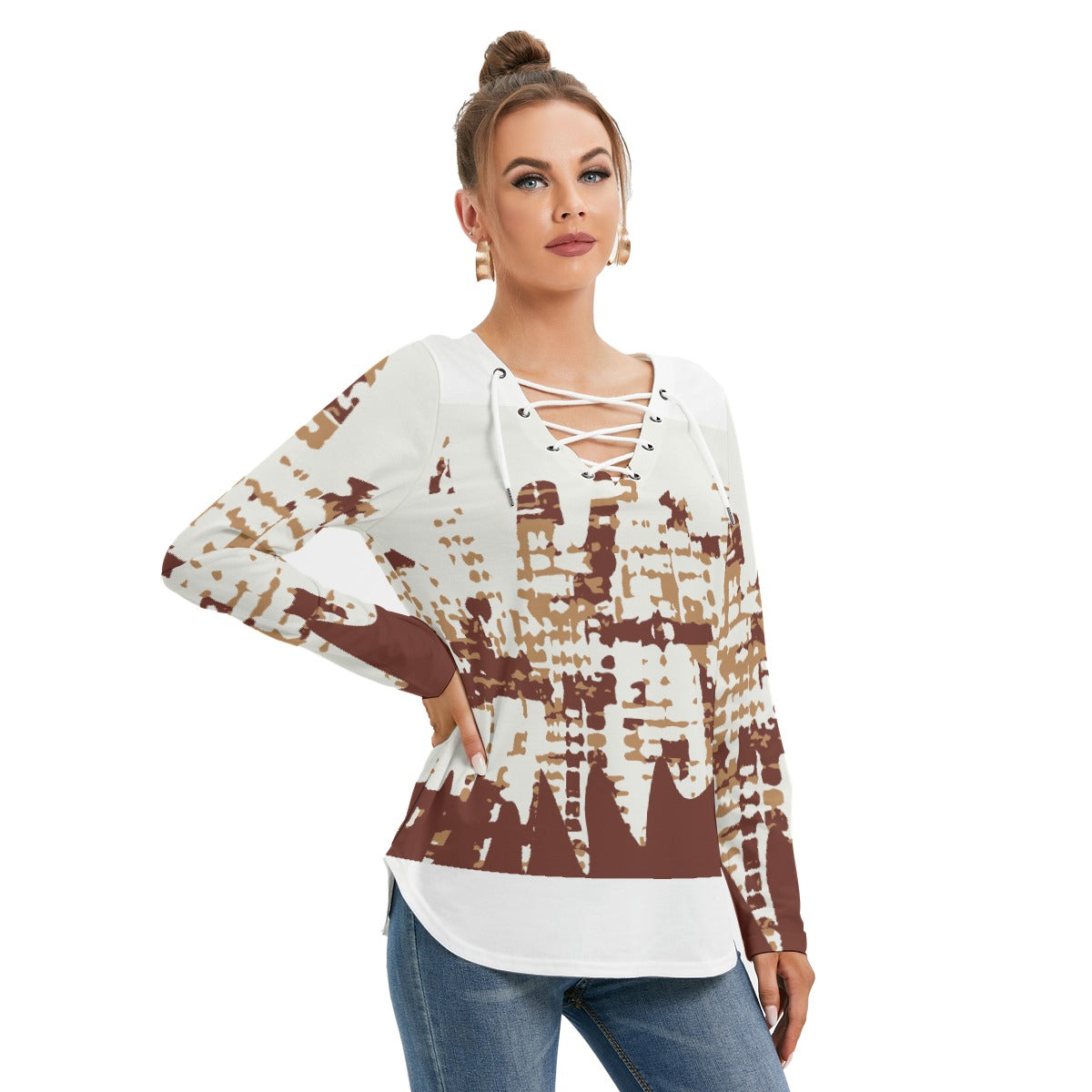 All-Over Print Women's Long Sleeve Neckline Tie Sweatshirt
