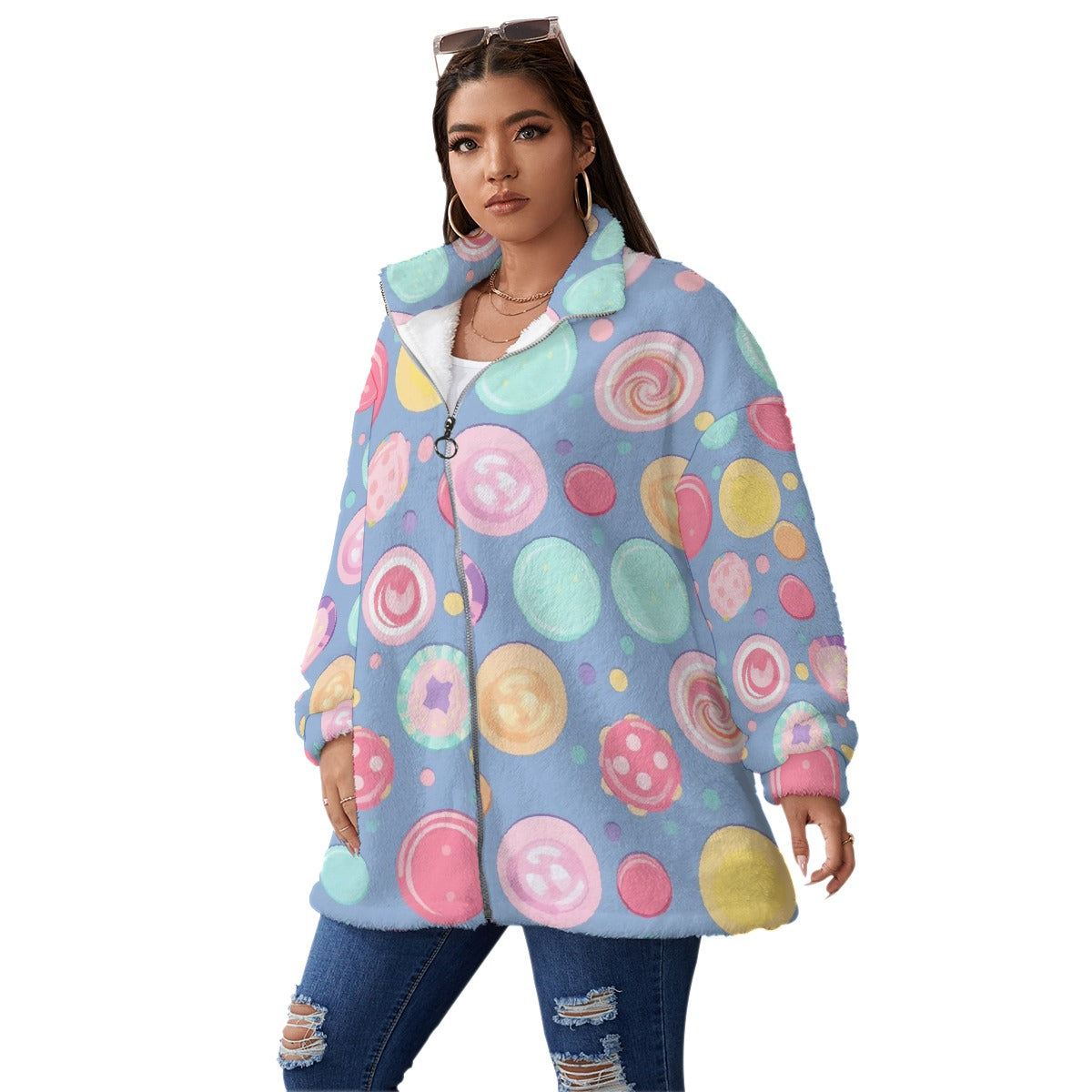 All-Over Print Unisex Borg Fleece Stand-up Collar Coat With Zipper Closure(Plus Size)