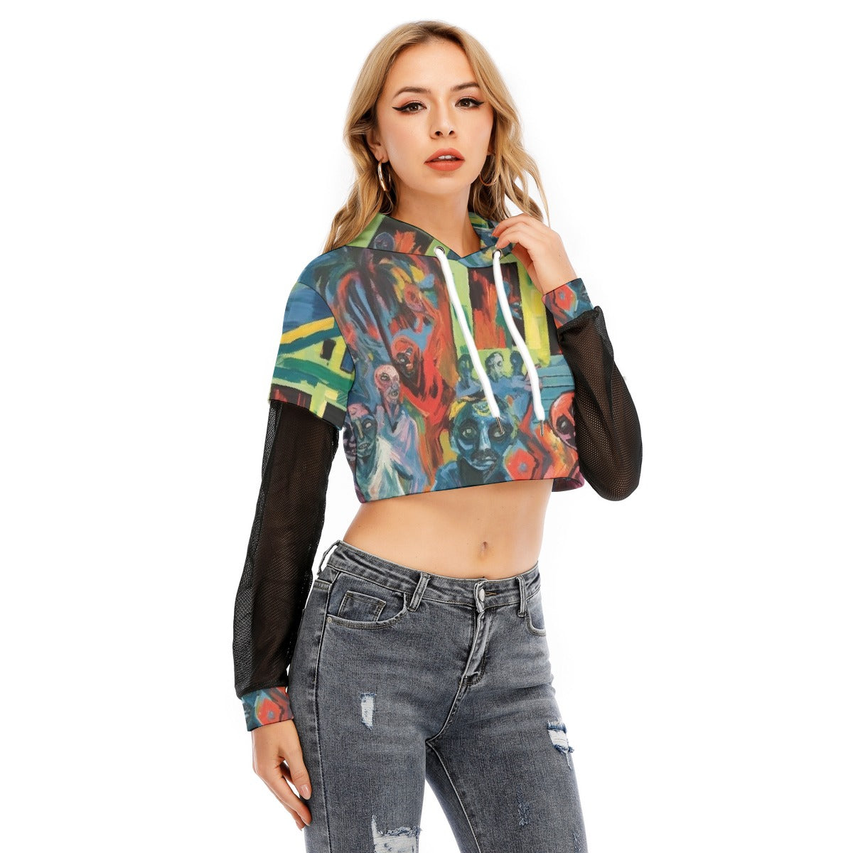 All-Over Print Women's Fake Two-piece Mesh Sleeve Cropped Hoodie