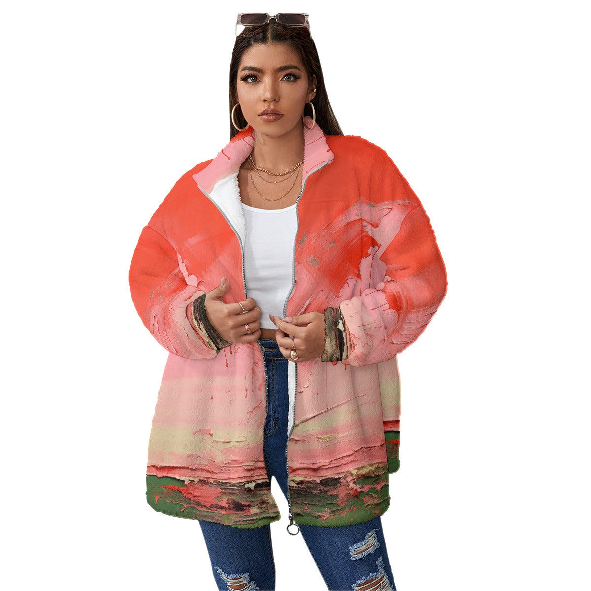 All-Over Print Unisex Borg Fleece Stand-up Collar Coat With Zipper Closure(Plus Size)