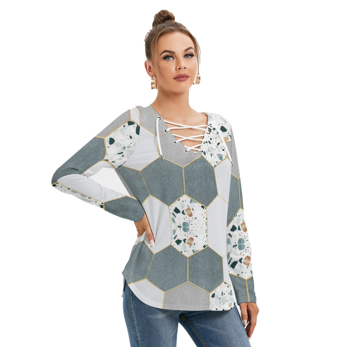 All-Over Print Women's Long Sleeve Neckline Tie Sweatshirt
