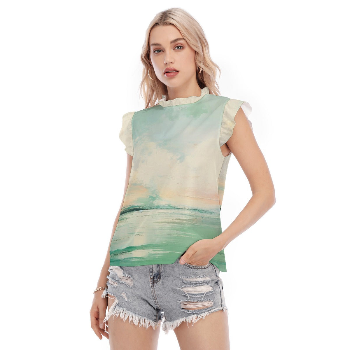 All-Over Print Women's Blouse With Ruffle Collar And Sleeve