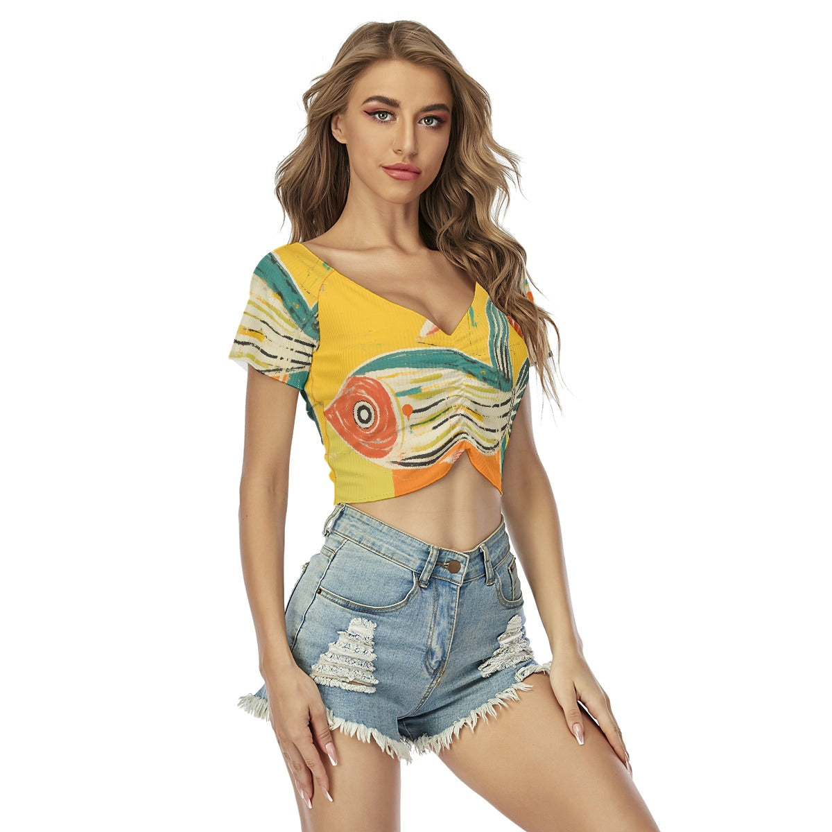 All-Over Print Women's Raglan Drawstring Front  Crop Tee
