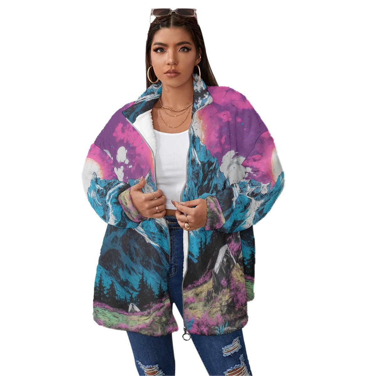 All-Over Print Unisex Borg Fleece Stand-up Collar Coat With Zipper Closure(Plus Size)