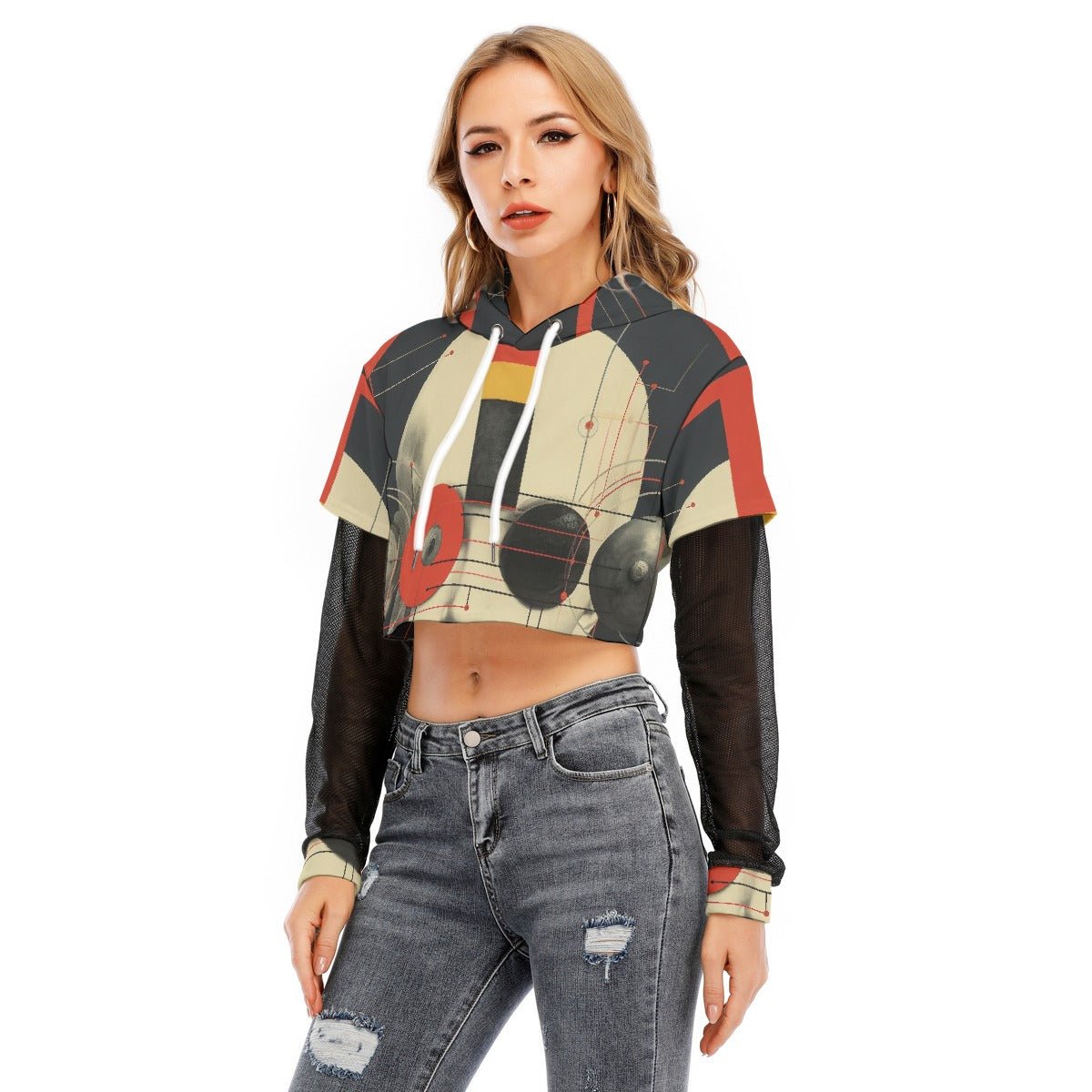 All-Over Print Women's Fake Two-piece Mesh Sleeve Cropped Hoodie