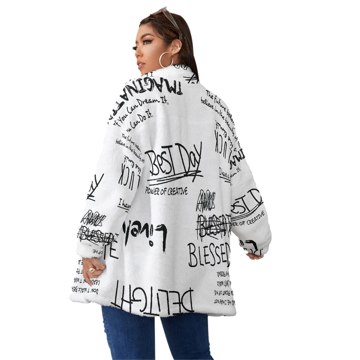 All-Over Print Unisex Borg Fleece Stand-up Collar Coat With Zipper Closure(Plus Size)