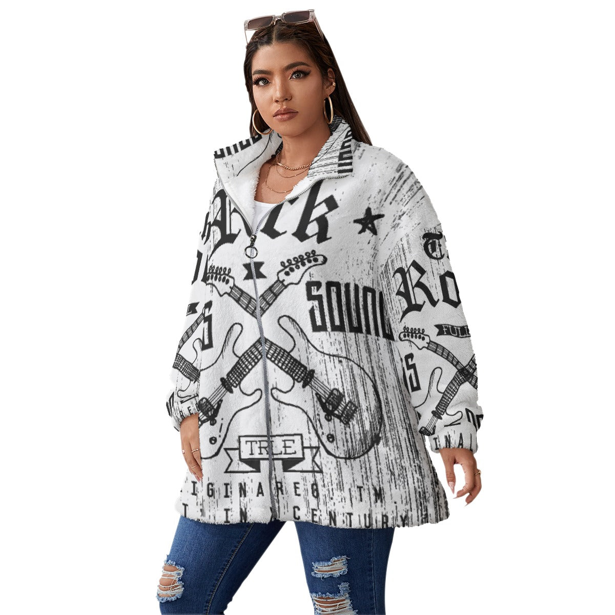 All-Over Print Unisex Borg Fleece Stand-up Collar Coat With Zipper Closure(Plus Size)