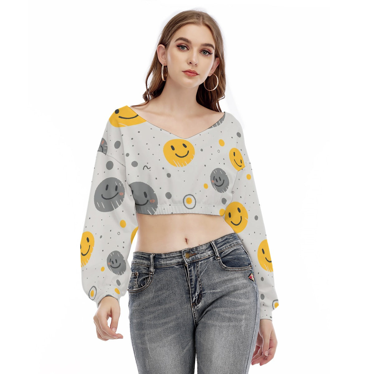 All-Over Print Women's V-neck Long Sleeve Cropped Sweatshirt