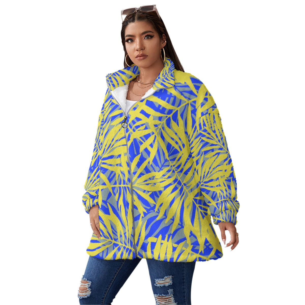 All-Over Print Unisex Borg Fleece Stand-up Collar Coat With Zipper Closure(Plus Size)