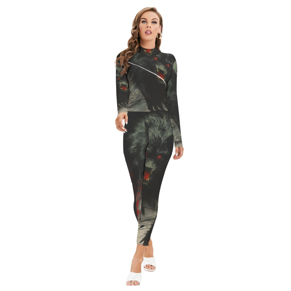 All-Over Print Women's Long-sleeved High-neck Jumpsuit With Zipper