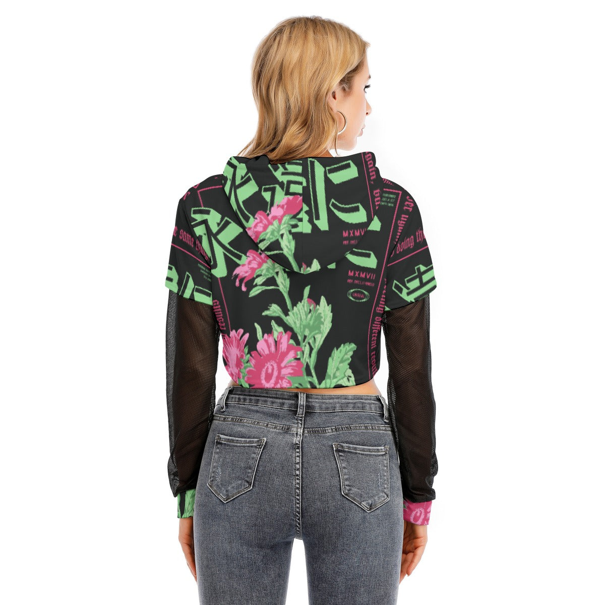 All-Over Print Women's Fake Two-piece Mesh Sleeve Cropped Hoodie